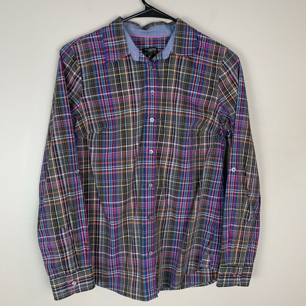 Talbots Top Womens 6P Petite Plaid Long Sleeve Preppy Button Up Blouse